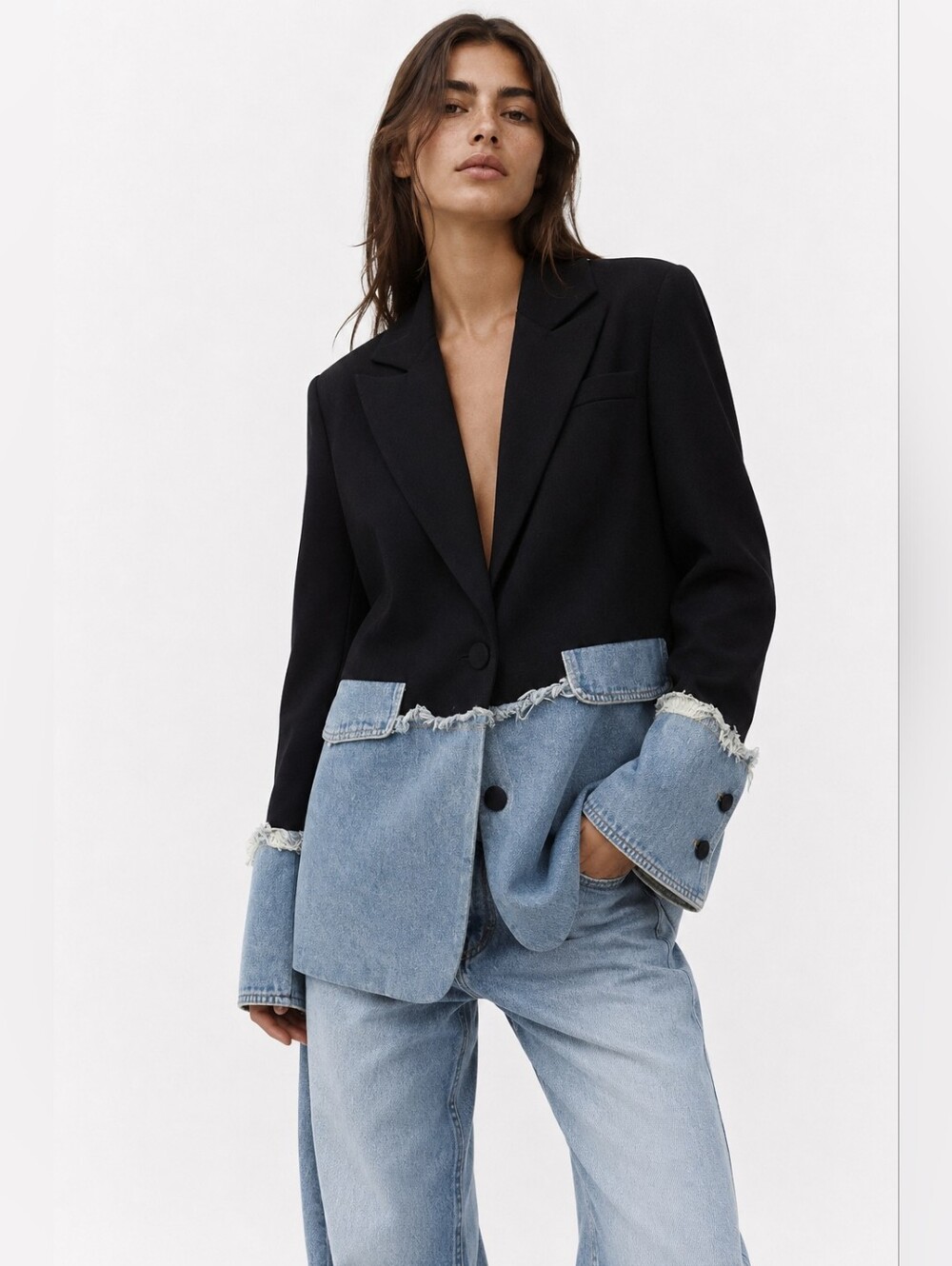 BE YOU Black Denim Mixed Media Raw Hem Statement Blazer Jacket